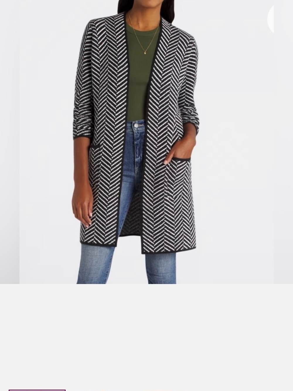 Chevron Open-Front Longline Blazer Jacket - Black & White